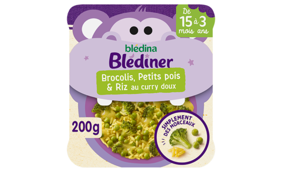 Blediner brocolis petit pois riz curry