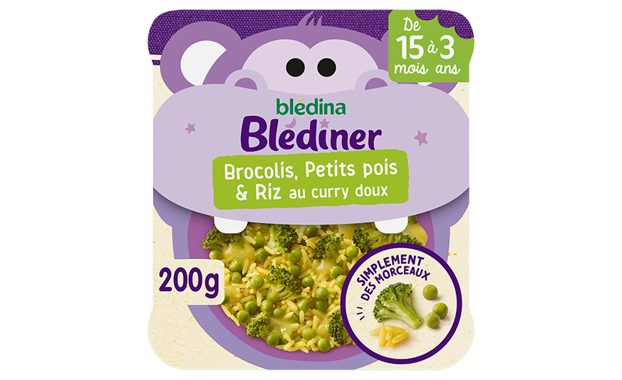 Blediner brocolis petit pois riz curry