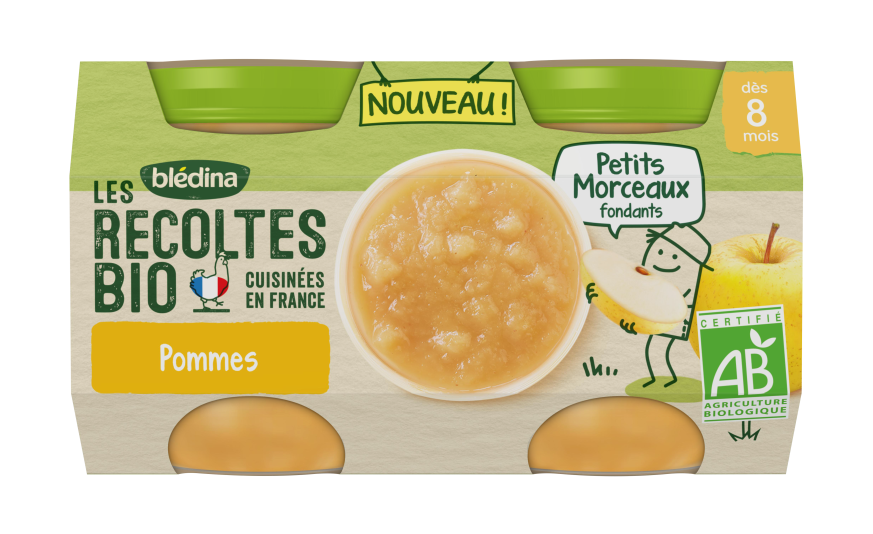 Les Recoltes Bio Puree De Fruits Avec Petits Morceaux Fondants Pommes Pour Bebe Des 8 Mois Bledina