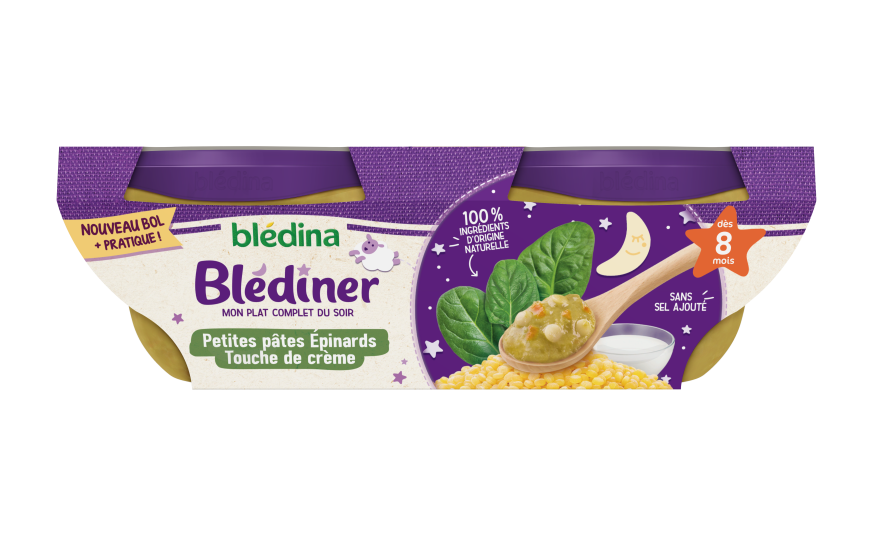 Blediner Bledina Plat pour bébé 8 mois, petites pâtes épinards touche de  crème 