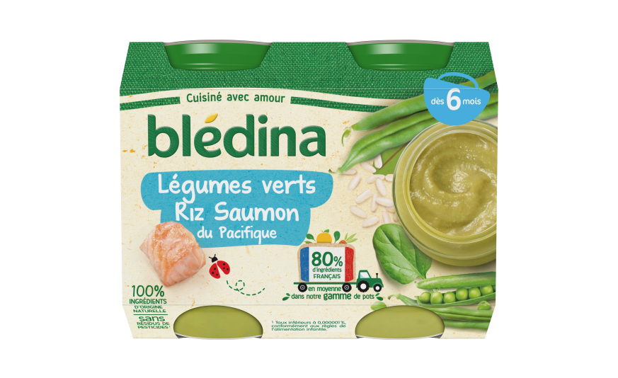 Petit pot bébé dès 6 mois légumes pommes de terre lieu, légumes verts riz  saumon et mousseline de ratatouille BLEDINA